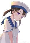  1girl black_hair blue_collar collar dress haruka_faraway716 hat highres kantai_collection one-hour_drawing_challenge sailor_dress sailor_hat short_hair short_sleeves shounan_(kancolle) simple_background solo twintails violet_eyes white_background white_dress white_headwear 