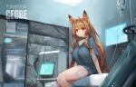  1girl ahoge animal_ears arknights arm_support arms_at_sides bandaid bandaid_on_leg bangs bed blurry blurry_background breasts ceobe_(arknights) character_name character_profile choker collarbone commentary_request dog_ears highres hospital hospital_bed intravenous_drip long_hair looking_at_viewer on_bed red_eyes screen shirt short_sleeves shorts sitting sitting_on_bed smug solo tai_(e3d1p) very_long_hair 