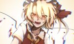  1girl bangs blonde_hair chromatic_aberration crystal fangs flandre_scarlet hair_between_eyes hat hat_ribbon hisu_(hisu_) looking_at_viewer mob_cap one_side_up open_mouth pointy_ears red_eyes red_ribbon red_vest ribbon shirt short_hair short_sleeves solo sweatdrop touhou upper_body vest white_background white_headwear white_shirt wings 