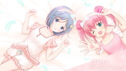  2girls alternative_girls anniversary aqua_eyes bunny_hair_ornament countdown eyebrows_visible_through_hair grey_eyes hair_ornament looking_at_viewer lying mano_sakurako multiple_girls official_art one_eye_closed open_hand open_mouth orimiya_yui pajamas pink_hair pink_pajamas short_hair short_sleeves silver_hair smile 