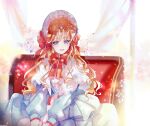  1girl absurdres aruhi_ohimesama_ni_natteshimatta_ken_ni_tsuite blue_dress blue_eyes blush brown_hair buruburu18 curtains dress flower happy hat highres jennette_margarita lolita_fashion long_hair red_ribbon ribbon sitting wavy_hair 