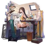  1girl :d brown_eyes brown_hair character_name desk_lamp dress embroidery_hoop fabric frilled_underwear full_body game_cg girls&#039;_frontline_neural_cloud girls_frontline holding holding_clothes holding_dress indoors lamp looking_at_viewer official_art on_stool qbu-88_(girls&#039;_frontline) recycle_bin scissors sewing sewing_machine shuzi smile spool stool stuffed_animal stuffed_panda stuffed_toy tape_measure thread transparent_background underwear underwear_only white_dress window 