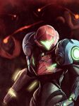  1girl 1other arm_cannon armor commentary_request cowboy_shot doregusu glowing helmet highres looking_at_viewer metroid metroid_dread power_suit red_background samus_aran shadow shoulder_armor solo_focus sparkle standing visor weapon 
