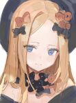  1girl abigail_williams_(fate) absurdres beret black_bow black_headwear blue_eyes blush bow closed_mouth eyelashes fate/grand_order fate_(series) forehead freng hair_bow hat highres long_hair orange_bow portrait simple_background sketch solo white_background 
