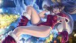 1girl black_hair blue_eyes boots building capelet christmas_tree commentary_request feet_out_of_frame from_below full_moon fur-trimmed_boots fur-trimmed_capelet fur-trimmed_gloves fur_trim gloves highres leotard long_hair looking_at_viewer moon mugen_ryuko night oggy_(oggyoggy) original red_capelet red_footwear red_gloves red_leotard sack solo stack strapless strapless_leotard