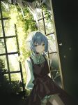  1girl blue_hair dress en_(shisui_no_utage) heterochromia highres long_sleeves looking_at_viewer original ruins solo standing twintails window 