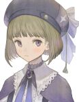  1other androgynous bangs black_headwear blonde_hair blunt_bangs blush bob_cut brooch cape closed_mouth commentary_request eyebrows_visible_through_hair fujie-yz hat hat_ribbon jewelry original portrait purple_cape ribbon short_hair solo violet_eyes 