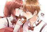  1boy 1girl bangs blush bow bowtie brown_bow brown_bowtie brown_eyes brown_hair doughnut food food_in_mouth green_eyes h_haluhalu415 heart holding holding_food jacket long_hair looking_at_another luke_pearce_(tears_of_themis) open_mouth pink_jacket rosa_(tears_of_themis) shirt short_hair simple_background tears_of_themis white_background white_shirt 
