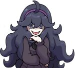  1girl @_@ ahoge artist_request bags_under_eyes black_dress black_hair dress hairband head_rest hex_maniac_(pokemon) long_hair long_sleeves looking_at_viewer messy_hair official_art open_mouth pokemon pokemon_(game) pokemon_xy purple_hairband purple_nails simple_background smile solo violet_eyes 
