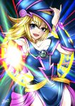  1girl bangs bare_shoulders blonde_hair blue_eyes blue_footwear blush boots breasts dark_magician_girl duel_monster duo_(theorizinn) hair_between_eyes hat highres holding holding_wand long_hair looking_at_viewer off_shoulder smile solo thighs wand wizard_hat yu-gi-oh! yuu-gi-ou yuu-gi-ou_duel_monsters 