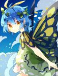  1girl antennae aqua_hair butterfly_wings closed_mouth dress eternity_larva eyebrows_visible_through_hair fairy green_dress hair_between_eyes highres leaf leaf_on_head multicolored_clothes multicolored_dress nikorashi-ka short_hair short_sleeves single_strap solo touhou wings yellow_eyes 