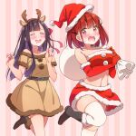  2girls :d :o =_= amae_sasete_hinamori-san! animal_ears arm_under_breasts bangs belt black_footwear blunt_bangs blunt_ends blush boots breasts brown_dress carrying_over_shoulder character_request chasing christmas collarbone detached_sleeves dress drooling elbow_gloves eyebrows_visible_through_hair fake_animal_ears fake_antlers fur-trimmed_boots fur-trimmed_gloves fur-trimmed_skirt fur_trim gloves hair_ornament hair_ribbon hairclip hat large_breasts leg_up long_hair midriff multiple_girls off-shoulder_dress off_shoulder pink_background purple_hair red_gloves red_skirt redhead ribbon sack santa_costume santa_hat short_hair skirt smile striped striped_background thigh-highs thighhighs_under_boots thighs tsuke_(maholabo) violet_eyes white_legwear yuri 