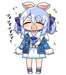  :d ^_^ animal_ears bangs blue_footwear blue_hair blue_jacket blue_ribbon blush_stickers carrot_hair_ornament chibi closed_eyes commentary_request dress eyebrows_visible_through_hair facing_viewer food-themed_hair_ornament full_body fur-trimmed_jacket fur-trimmed_sleeves fur_trim hair_between_eyes hair_ornament hair_ribbon hololive jacket kanikama long_sleeves off_shoulder open_clothes open_jacket rabbit_ears ribbon shoes short_eyebrows simple_background sleeves_past_wrists smile socks teeth thick_eyebrows translation_request two_side_up upper_teeth usada_pekora virtual_youtuber white_background white_dress white_legwear 