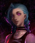  1girl arcane:_league_of_legends arcane_jinx asymmetrical_bangs bangs bare_shoulders black_background black_choker black_shirt blue_hair braid choker closed_mouth collarbone freckles highres jinx_(league_of_legends) league_of_legends long_hair looking_at_viewer pink_eyes red_background shirt sleeveless smile solo tattoo twin_braids upper_body vincent_t_(oriaarts) 