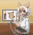  1girl acesrulez alternate_costume american_flag belt blush brown_pants buttons collared_shirt commentary computer coyote_(kemono_friends) coyote_ears coyote_girl extra_ears eyebrows_visible_through_hair kemono_friends keyboard_(computer) light_brown_hair long_sleeves looking_at_viewer microphone mouse_(computer) multicolored_hair open_mouth pants shirt short_hair smile solo two-tone_hair virtual_youtuber white_hair white_shirt yellow_eyes 