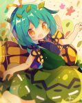  1girl antennae aqua_hair barefoot blush butterfly_wings dress eternity_larva eyebrows_visible_through_hair fairy green_dress hair_between_eyes leaf leaf_on_head mina_(sio0616) multicolored_clothes multicolored_dress open_mouth short_hair short_sleeves single_strap smile solo touhou wings yellow_eyes 