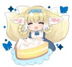  1girl alternate_costume animal_ears arknights bangs blonde_hair cake chibi closed_eyes food fox_ears fox_girl fox_tail highres multiple_tails open_mouth simple_background smile solo suzuran_(arknights) tail tomatoritori white_background 