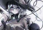  1girl absurdres backlighting blood blood_on_knife frills hat heart heart_of_string highres holding holding_knife knife komeiji_koishi long_hair looking_at_viewer muted_color simple_background smile solo t_terano third_eye touhou upper_body white_background 