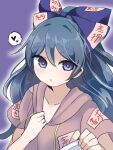  1girl blue_bow blue_eyes blue_hair blush bow collarbone eyebrows_visible_through_hair grey_hoodie hair_between_eyes hair_bow heart hood hoodie long_hair ougi_hina parted_lips purple_background short_sleeves simple_background solo spoken_heart touhou upper_body yorigami_shion 