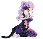  1girl au_ra avatar_(ffxiv) barefoot blush braid breasts commentary dress final_fantasy final_fantasy_xiv full_body hand_up highres horns large_breasts long_hair looking_at_viewer lyra-kotto no_pupils parted_lips ponytail purple_dress purple_hair scales seiza simple_background sitting soles solo tail violet_eyes white_background 