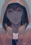  1girl blue_background brown_jacket closed_mouth commentary_request face ghost_in_the_shell hood hood_up hooded_jacket jacket katsuoboshi kusanagi_motoko looking_at_viewer purple_hair short_hair solo twitter_username 