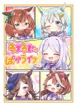  5girls :d ^_^ absurdres animal_ears black_headwear blue_eyes blue_flower blue_rose blush brown_eyes brown_hair chibi closed_eyes comiket_99 commentary_request cover cover_page flower grey_hair hair_flower hair_ornament hair_over_one_eye hair_ribbon hairclip hands_up hat hat_flower highres horse_ears jako_(jakoo21) long_hair long_sleeves mejiro_mcqueen_(umamusume) multicolored_hair multiple_girls nice_nature_(umamusume) pink_ribbon ponytail purple_hair purple_shirt ribbon rice_shower_(umamusume) rose school_uniform seiun_sky_(umamusume) shirt smile streaked_hair teeth tilted_headwear tokai_teio_(umamusume) tracen_school_uniform translation_request twintails umamusume upper_teeth violet_eyes w yellow_flower 