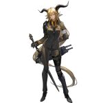  1girl animal_ears arknights arm_behind_back armband bangs black_footwear black_gloves black_jacket black_pants blonde_hair degenbrecher_(arknights) full_body gloves hair_between_eyes head_tilt high_heels holding holding_sword holding_weapon horns jacket kjerag_logo long_hair long_sleeves looking_at_viewer official_art orange_shirt pants planted planted_sword ryuuzaki_ichi shirt solo standing sword thigh_strap transparent_background very_long_hair weapon yellow_eyes 