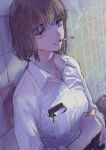  1girl breast_pocket brown_eyes brown_hair cigarette collared_shirt commentary eyebrows_visible_through_hair grin highres katsuoboshi looking_at_viewer mole_on_cheek original pen_in_pocket pocket shirt sitting smile smoke smoking solo tile_wall tiles upper_body white_shirt 