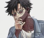  1boy bell_mha black_hair blue_eyes boku_no_hero_academia burn_scar dabi_(boku_no_hero_academia) ear_piercing eye_contact glasses hand_on_own_face highres jacket looking_at_another looking_at_viewer male_focus piercing scar shirt short_hair stapled white_background 