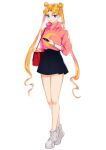  bare_legs bishoujo_senshi_sailor_moon black_skirt blonde_hair blue_eyes blueorca carrying_bag cellphone closed_mouth crescent_print double_bun full_body highres holding holding_phone legs long_hair long_sleeves looking_at_viewer miniskirt phone pink_sweater print_sweater red_bag sailor_moon shoes simple_background skirt smartphone sneakers standing sweater sweater_tucked_in twintails very_long_hair white_background white_footwear 
