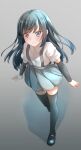 1girl arm_warmers asashio_(kancolle) bangs black_footwear black_hair black_legwear blue_eyes closed_mouth collared_shirt comah commentary_request dress_shirt eyebrows_visible_through_hair from_above full_body grey_background grey_skirt highres kantai_collection long_hair looking_away pleated_skirt shadow shirt shoes short_sleeves skirt smile solo standing suspender_skirt suspenders thigh-highs very_long_hair white_shirt 