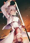  1girl animal_ears arknights bangs brown_hair carnelian_(arknights) cheonyeon-hi dark_skin goat_ears goat_girl goat_horns highres holding holding_sword holding_weapon horns long_sleeves parted_lips pencil_skirt red_eyes sheath short_hair_with_long_locks silver_hair skirt solo sword thigh_strap unsheathing weapon 