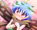  1girl antennae aqua_hair blush brown_eyes butterfly_wings closed_mouth dress eternity_larva eyebrows_visible_through_hair fairy green_dress hair_between_eyes leaf leaf_on_head multicolored_clothes multicolored_dress rokugou_daisuke short_hair short_sleeves single_strap solo touhou upper_body wavy_mouth wings 