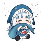  1girl :&gt; animal_hood blue_hair chibi closed_eyes english_commentary fish_tail full_body gawr_gura hololive hololive_english hood hood_up ine_(ineinnen) light_blue_hair long_hair long_sleeves multicolored_hair shark_girl shark_hood shark_tail simple_background sitting solo sparkle spread_legs streaked_hair tail thick_eyelashes virtual_youtuber white_background white_hair wide_sleeves 