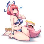  1girl blue_eyes breasts eyeshadow galarian_slowpoke highres kenron_toqueen klara_(pokemon) large_breasts makeup mole mole_under_mouth pink_eyeshadow pink_hair pink_lips pokemon pokemon_(game) pokemon_swsh solo swimsuit 