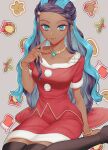  1girl arm_support black_hair blue_eyes blue_hair bracelet breasts brown_legwear christmas closed_mouth collar collarbone commentary_request dark-skinned_female dark_skin earclip earrings eyelashes grey_background highres hoop_earrings jewelry long_hair looking_at_viewer multicolored_hair nail_polish nessa_(pokemon) official_alternate_costume outline pokemon pokemon_(game) pokemon_masters_ex red_nails red_shirt red_skirt sakai_(motomei) shirt short_sleeves skirt smile solo thigh-highs two-tone_hair 