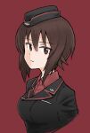  1girl breasts brown_eyes brown_hair cropped_arms cropped_torso expressionless garrison_cap girls_und_panzer hair_between_eyes hat kuromorimine_military_uniform looking_at_viewer medium_breasts military military_uniform mutsu_(layergreen) nishizumi_maho red_background solo uniform 