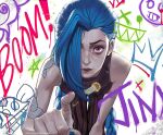  1girl arcane:_league_of_legends arm_tattoo asymmetrical_bangs bangs bare_shoulders black_pants blue_hair blue_nails braid clip_studio_paint_(medium) cloud_tattoo drawing hair_over_one_eye hand_up jinx_(league_of_legends) league_of_legends long_hair looking_at_viewer nail_polish one_eye_covered pants pink_eyes pink_pants striped striped_pants tattoo twin_braids user_tuec4358 