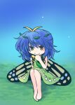  1girl 216 antennae aqua_hair bare_legs barefoot blush butterfly_wings closed_mouth dress eternity_larva eyebrows_visible_through_hair fairy full_body green_dress green_eyes hair_between_eyes leaf leaf_on_head multicolored_clothes multicolored_dress short_hair single_strap smirk solo touhou wings 