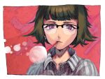  1girl border bubble bubble_blowing buttons closed_mouth commentary_request glasses green_hair katsuoboshi looking_at_viewer original partial_commentary red_background shirt short_hair solo striped striped_shirt upper_body violet_eyes white_border 