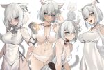  5girls absurdres animal_ears bangs bikini black_choker blue_eyes breasts cat cat_ears choker closed_mouth collarbone dress eyebrows_visible_through_hair final_fantasy final_fantasy_xiv highres large_breasts lilycious looking_at_viewer miqo&#039;te multiple_girls navel open_mouth short_hair smile swimsuit white_background white_bikini white_dress white_hair 