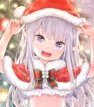  1girl :d arms_up bangs blurry blurry_background bow bowtie capelet child emilia_(re:zero) eyebrows_visible_through_hair fur-trimmed_capelet fur-trimmed_headwear fur_trim green_bow green_bowtie hat highres long_hair pointy_ears re:zero_kara_hajimeru_isekai_seikatsu red_bow red_capelet red_headwear santa_hat shirafuji_sayu smile solo upper_body violet_eyes younger 