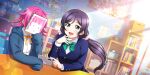  blush green_eyes idolmaster_million_live!_theater_days long_hair purple_hair school_uniform smile toujou_nozomi twintails wink 