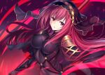  1girl arm_up bangs blush bodysuit breasts commentary_request eyebrows_visible_through_hair fate/grand_order fate_(series) hair_between_eyes hand_up head_tilt highres large_breasts lying nagiha on_back parted_lips photoshop_(medium) purple_bodysuit red_eyes red_hair revision scathach_(fate)_(all) scathach_(fate/grand_order) solo veil 