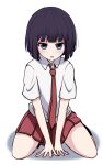  1girl achiga_school_uniform bangs black_hair blue_eyes blunt_bangs blunt_ends bob_cut commentary_request dress_shirt eyebrows_visible_through_hair full_body highres kneeling light_blush looking_at_viewer miniskirt necktie open_mouth pleated_skirt red_skirt sagimori_arata saki saki_achiga-hen school_uniform shadow shirt short_hair skirt solo v_arms white_shirt wing_collar yasei 