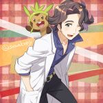  1boy ;d augustine_sycamore black_pants brown_hair chespin commentary_request curly_hair facial_hair green_eyes hand_in_pocket kanimaru labcoat male_focus one_eye_closed open_mouth pants pokemon pokemon_(anime) pokemon_(creature) pokemon_on_back pokemon_xy_(anime) shirt short_hair smile tongue yellow_belt 