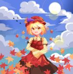  1girl aki_minoriko apple apron artist_name artist_request autumn_leaves blonde_hair blush brown_skirt clouds commentary_request food fruit grape_hat_ornament hair_ornament hat holding holding_food holding_fruit open_mouth pixel_art red_apron shirt short_hair skirt sky smile solo sun touhou waist_apron yellow_eyes yellow_shirt 