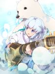  1girl animal bear blue_dress blue_eyes chest_jewel dress instrument open_mouth polar_bear tekology white_hair xenoblade_chronicles_(series) xenoblade_chronicles_2 