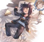  1boy 1girl ^_^ ayacho black_hair blanket blush book brown_eyes brown_hair closed_eyes closed_mouth dreaming flying_sweatdrops gran_(granblue_fantasy) granblue_fantasy jacket lying medium_hair messy_hair mouse on_back on_bed open_mouth pajamas pillow sleeping smile solo sparkle vikala_(granblue_fantasy) 