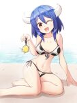  1girl animal_print arm_support beach bell bikini blue_hair blush collarbone cow_girl cow_horns cow_print day eyebrows_visible_through_hair fang highres holding holding_bell horns jashin-chan_dropkick looking_at_viewer minos_(jashin-chan_dropkick) navel one_eye_closed open_mouth outdoors pink_eyes shino_(yaruki_nai_yatsu) short_hair smile solo swimsuit 